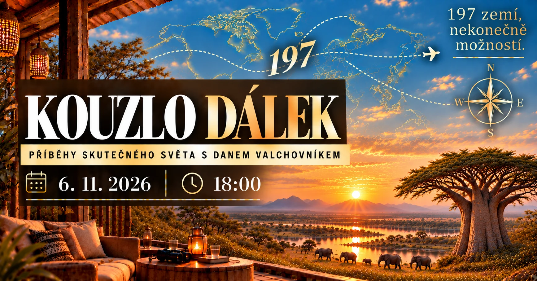 Kouzlo dálek. Příběhy skutečného světa s Danem Valchovníkem. 6. listopadu 2026 od 18:00. Grafika večera s africkou krajinou.